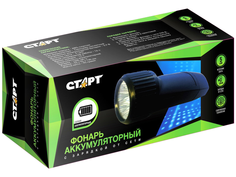 Фонарь аккумуляторный с зарядкой от сети СТАРТ LHE-509-B1, черный
